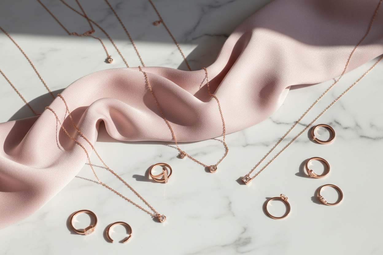 Rose gold jewelry flat lay with necklaces and rings on white marble with blush pink silk