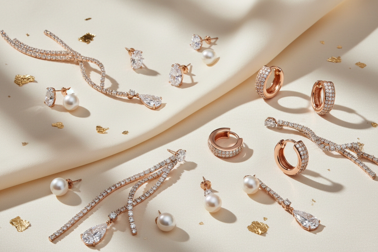 AJIVA FASHION earrings collection on soft cream background