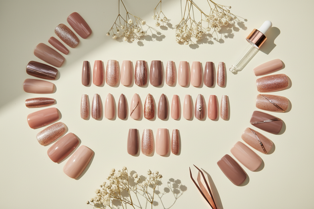 SAVNI press-on nails collection on soft cream background