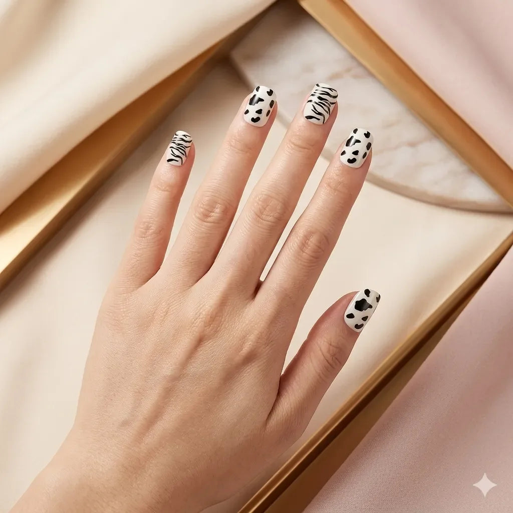 Woman's hand wearing SAVNI cow print and zebra print press-on nails, mixed animal print manicure close-up