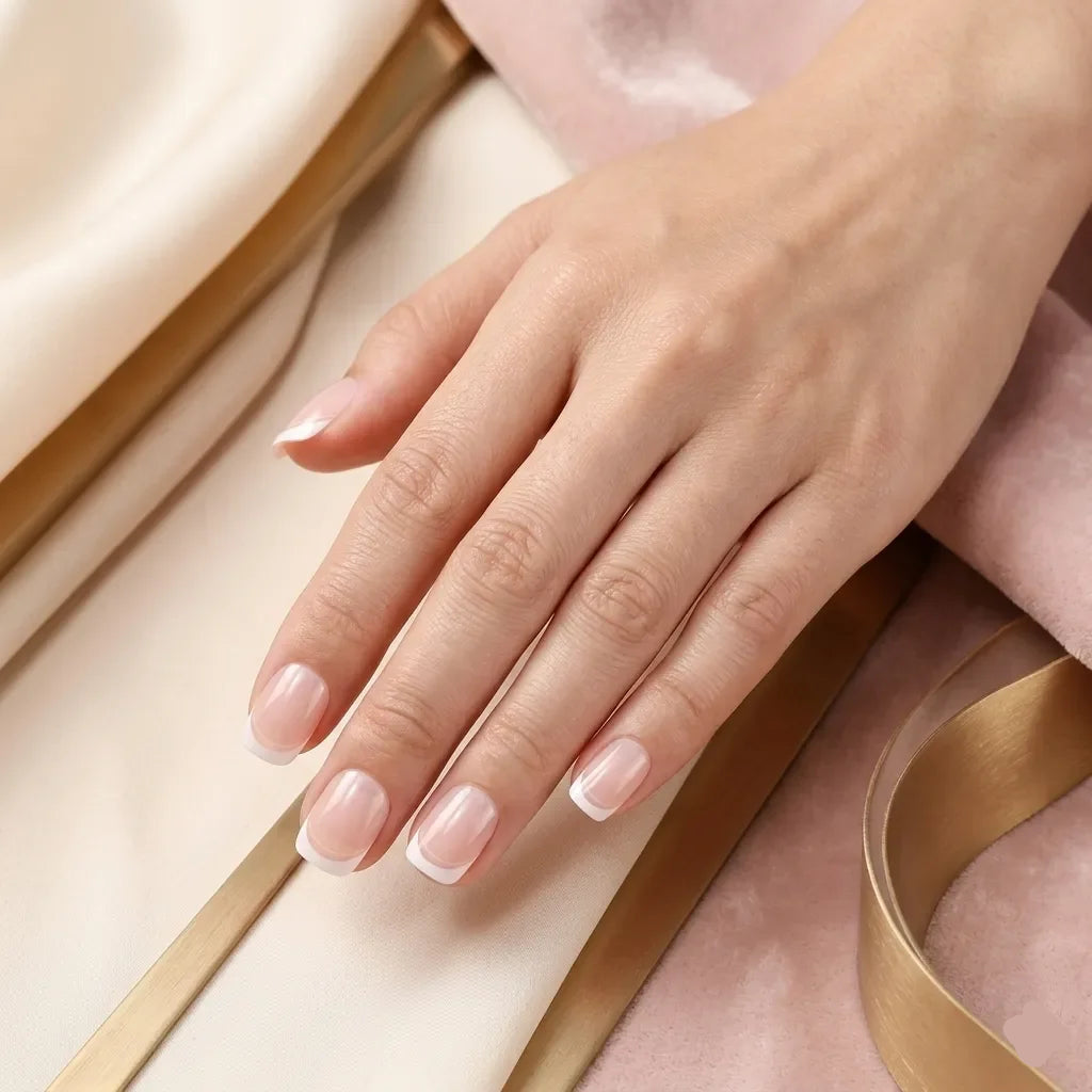 Woman's hand wearing classic French tip press on nails with white tips, close-up on fingertips