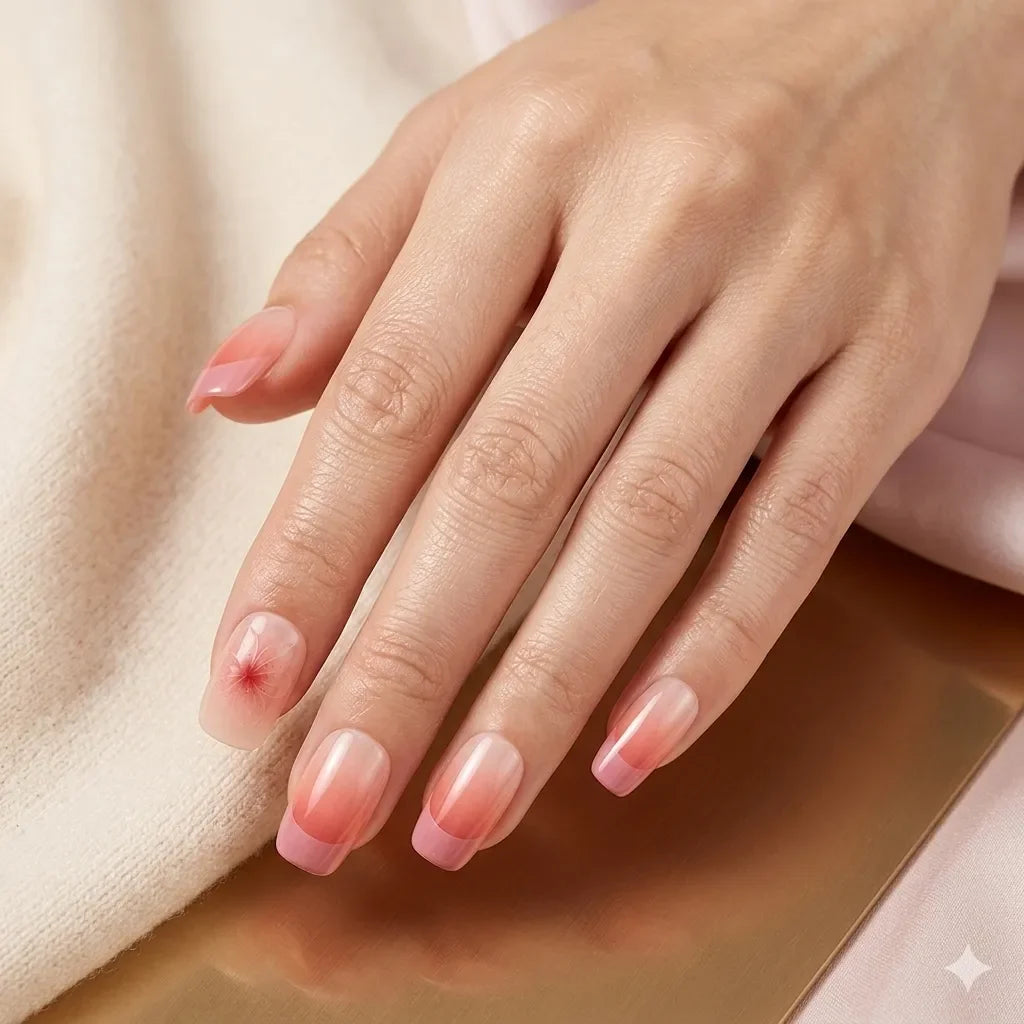 Woman's hand wearing short square pink ombre French tip press-on nails with cherry blossom accent nail on ring finger resting on cream fabric