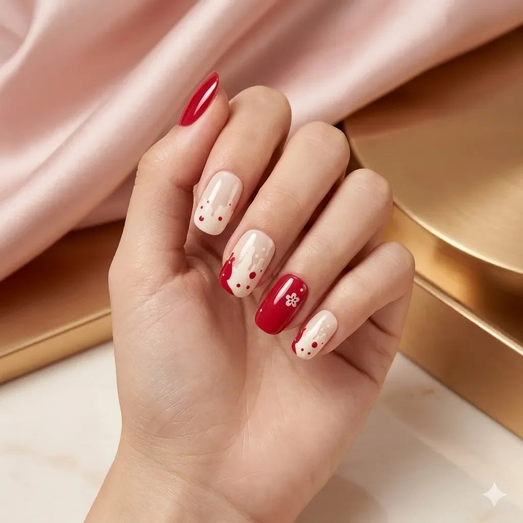  "Woman wearing red and cream watercolor floral press-on nails"
