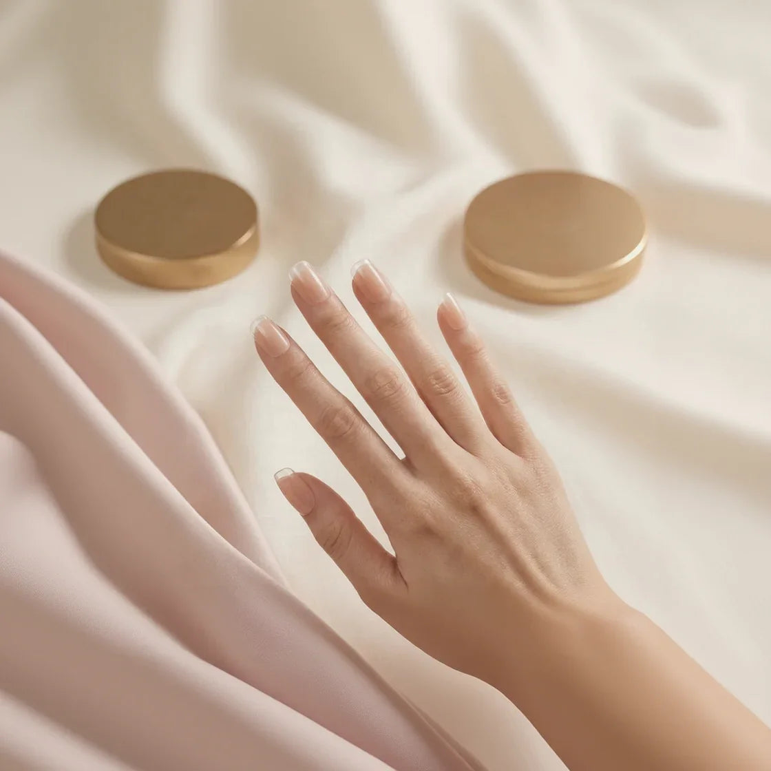 Woman's hand wearing sheer nude press on nails with glossy clear tip, close-up on fingertips