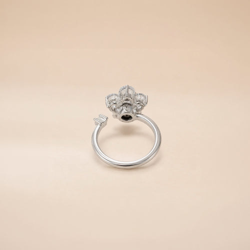 Silver flower cluster ring with round CZ petals and open band on satin background
