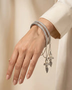 Silver CZ Pave Bangle Set with Hanging Jhumka Pearl & Feather Chain Drops | Diamond-Look Crystal Kada with Mini Bell Charms | Indian Bridal & Festive Jewelry for Women