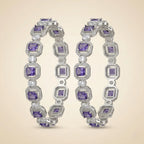 Set of two silver royal purple square CZ octagonal halo bangle bracelets displayed upright showing full pave crystal detail