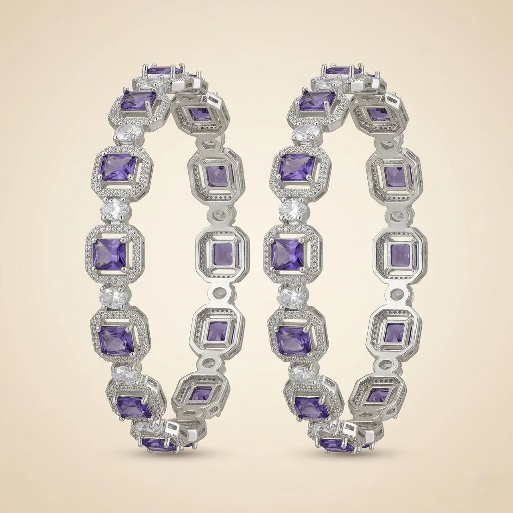 Set of two silver royal purple square CZ octagonal halo bangle bracelets displayed upright showing full pave crystal detail