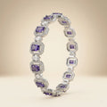 Single silver purple amethyst square cut micro pave CZ halo bangle bracelet standing upright showing front and back detail