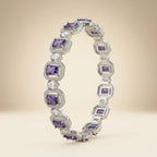 Single silver purple amethyst square cut micro pave CZ halo bangle bracelet standing upright showing front and back detail
