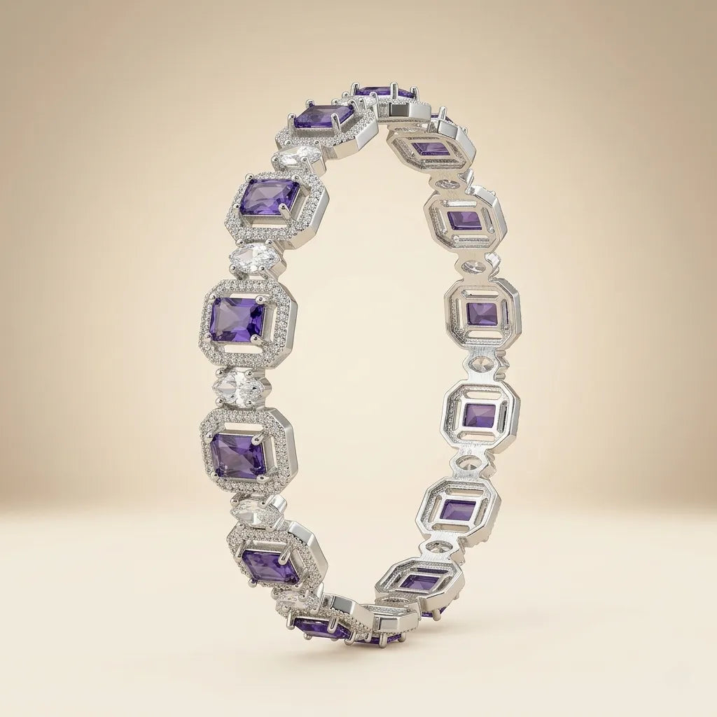 Single silver purple amethyst square cut micro pave CZ halo bangle bracelet standing upright showing front and back detail