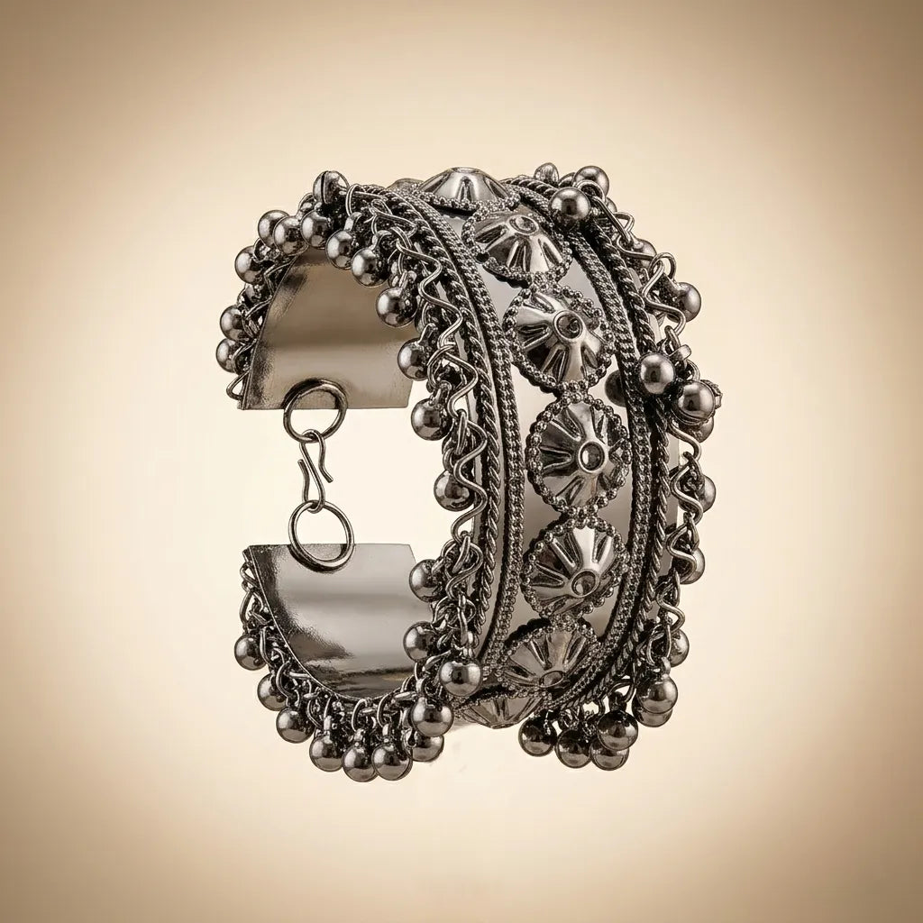 Side view of oxidized silver tribal wide cuff bangle showing open-back construction hook clasp and full ghungroo ball drop fringe circumference