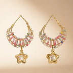 Gold-Plated Multicolor Beaded Hoop Earrings with Star Crystal Drop | Boho Statement Earrings for Women