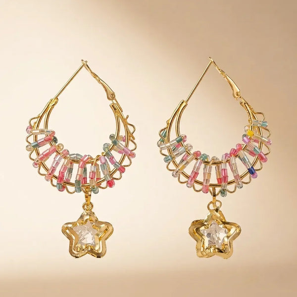 Gold-Plated Multicolor Beaded Hoop Earrings with Star Crystal Drop | Boho Statement Earrings for Women