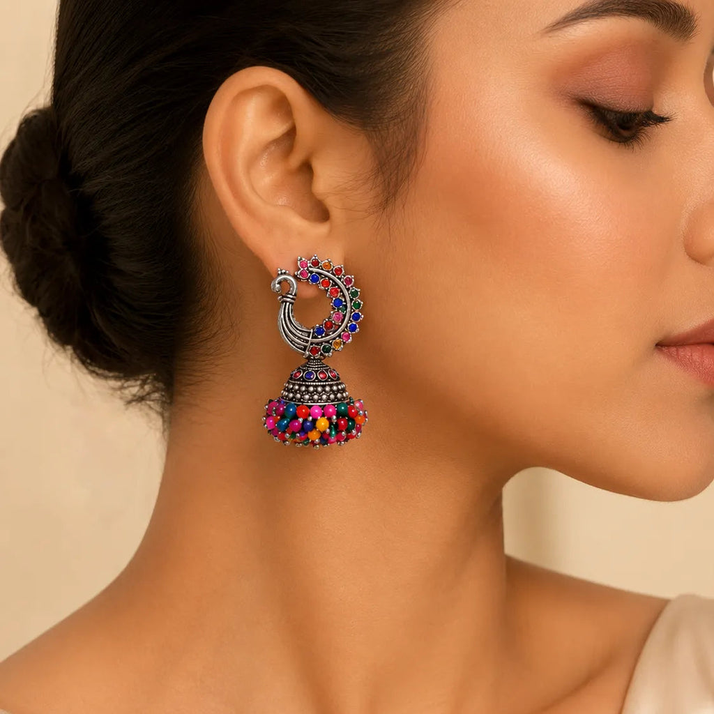 Oxidized Silver Multicolor Stone Jhumka Earrings | Navratna Crescent Chandbali Earrings for Women