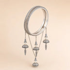 Silver CZ Pave Bangle Set with Hanging Jhumka Pearl & Feather Chain Drops | Diamond-Look Crystal Kada with Mini Bell Charms | Indian Bridal & Festive Jewelry for Women