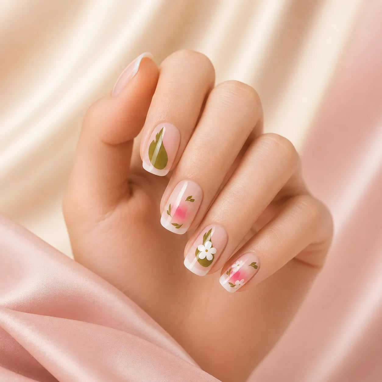 Woman's hand wearing sage green and pink floral daisy press on nails, close-up on fingertips