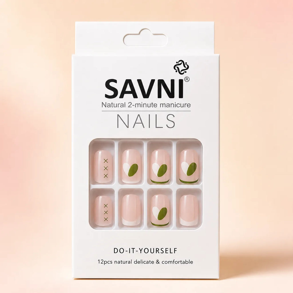 SAVNI press-on nails packaging box with nude and olive 12-piece DIY nail set