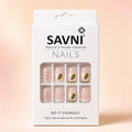 SAVNI press-on nails packaging box with nude and olive 12-piece DIY nail set