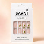 SAVNI press-on nails packaging box with nude and olive 12-piece DIY nail set