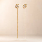 "Pair of gold vintage halo CZ threader earrings with long chain"