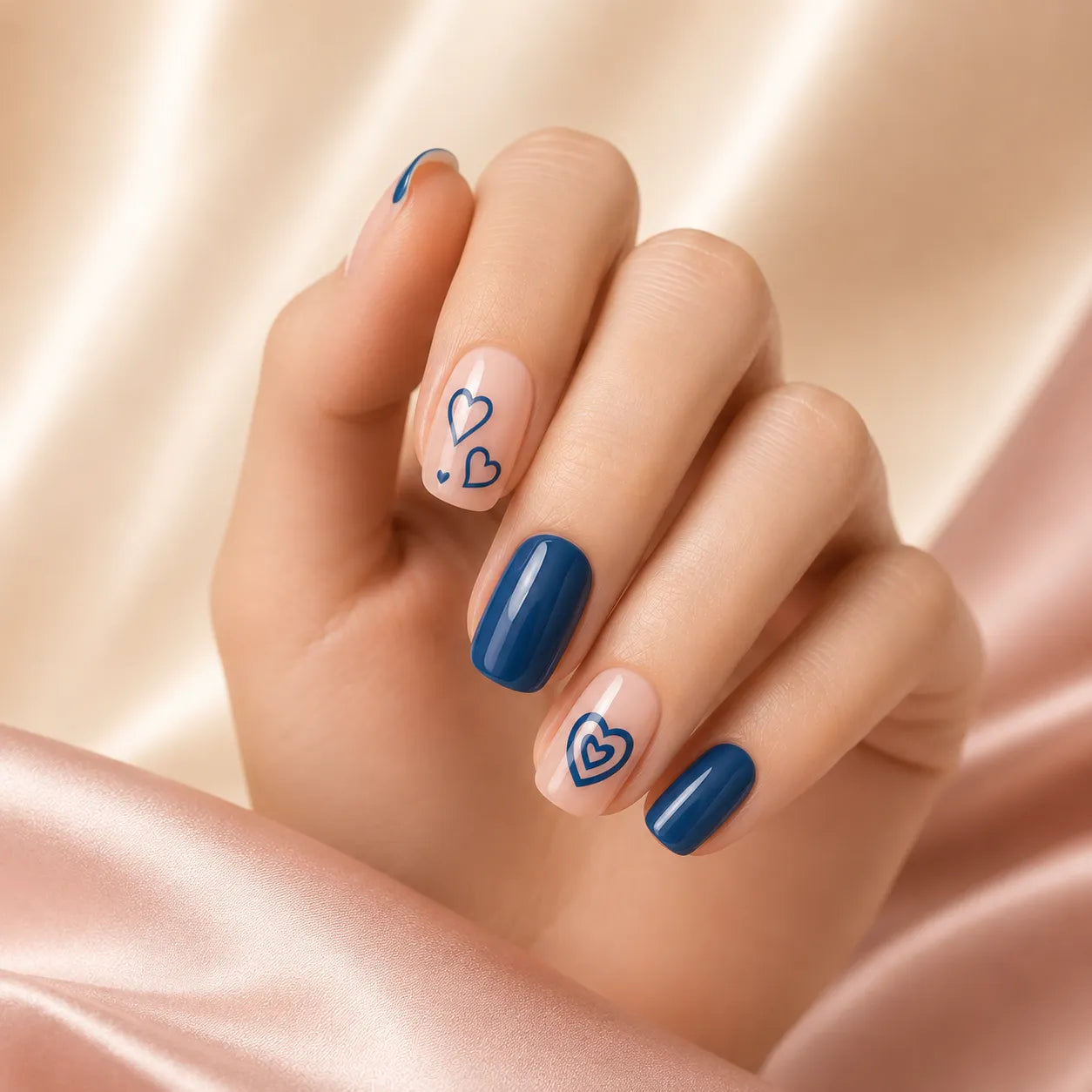 SAVNI navy blue press-on nails with heart nail art design, 10-piece glossy fake nail set on beige background
