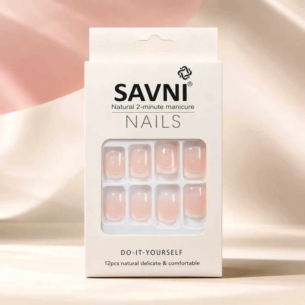  French tip press on nails packaging showing 24 piece natural 2-minute manicure set with white tip design