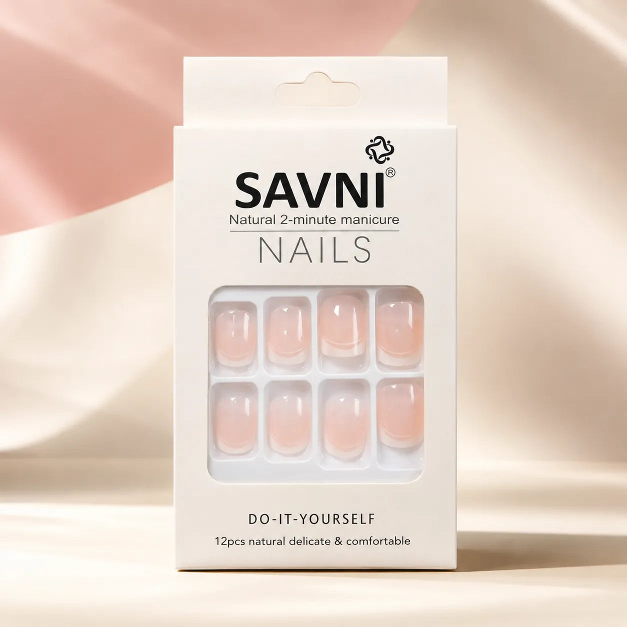  French tip press on nails packaging showing 24 piece natural 2-minute manicure set with white tip design