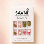 SAVNI press on nails packaging showing sage green and pink floral daisy design, 12 piece natural manicure set