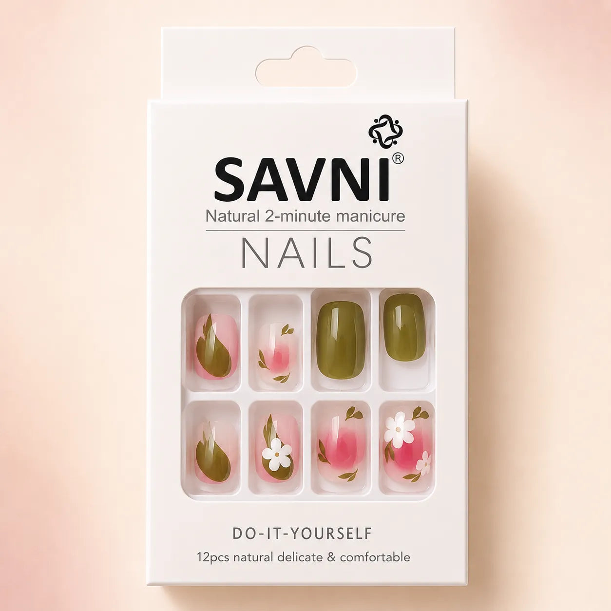 SAVNI press on nails packaging showing sage green and pink floral daisy design, 12 piece natural manicure set