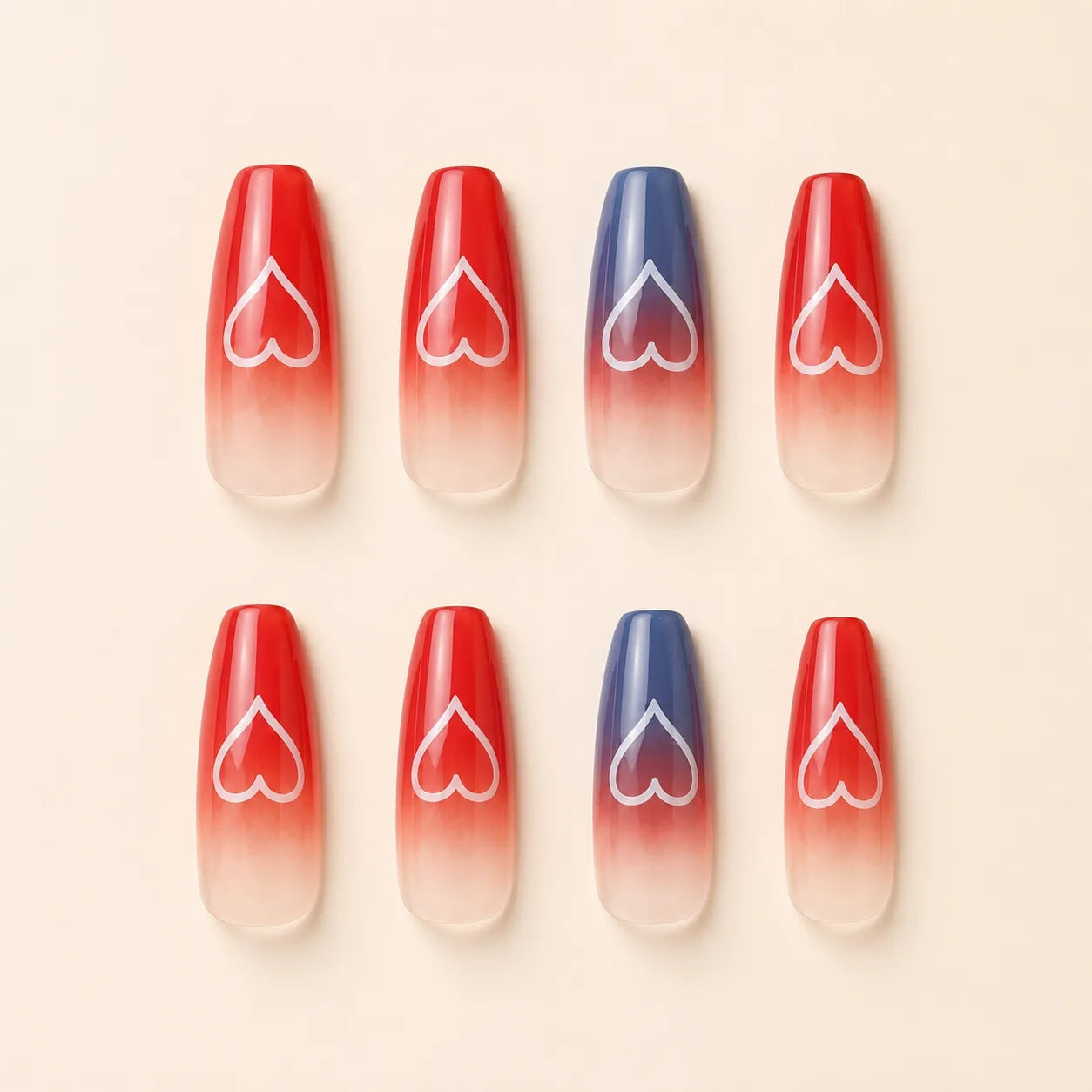 "False Nail Professional packaging box with red and blue heart ombre nail set"
