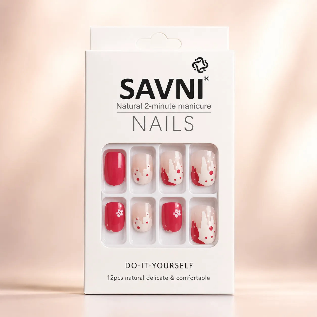 "SAVNI press-on nails packaging box with red floral 12-piece DIY nail set"