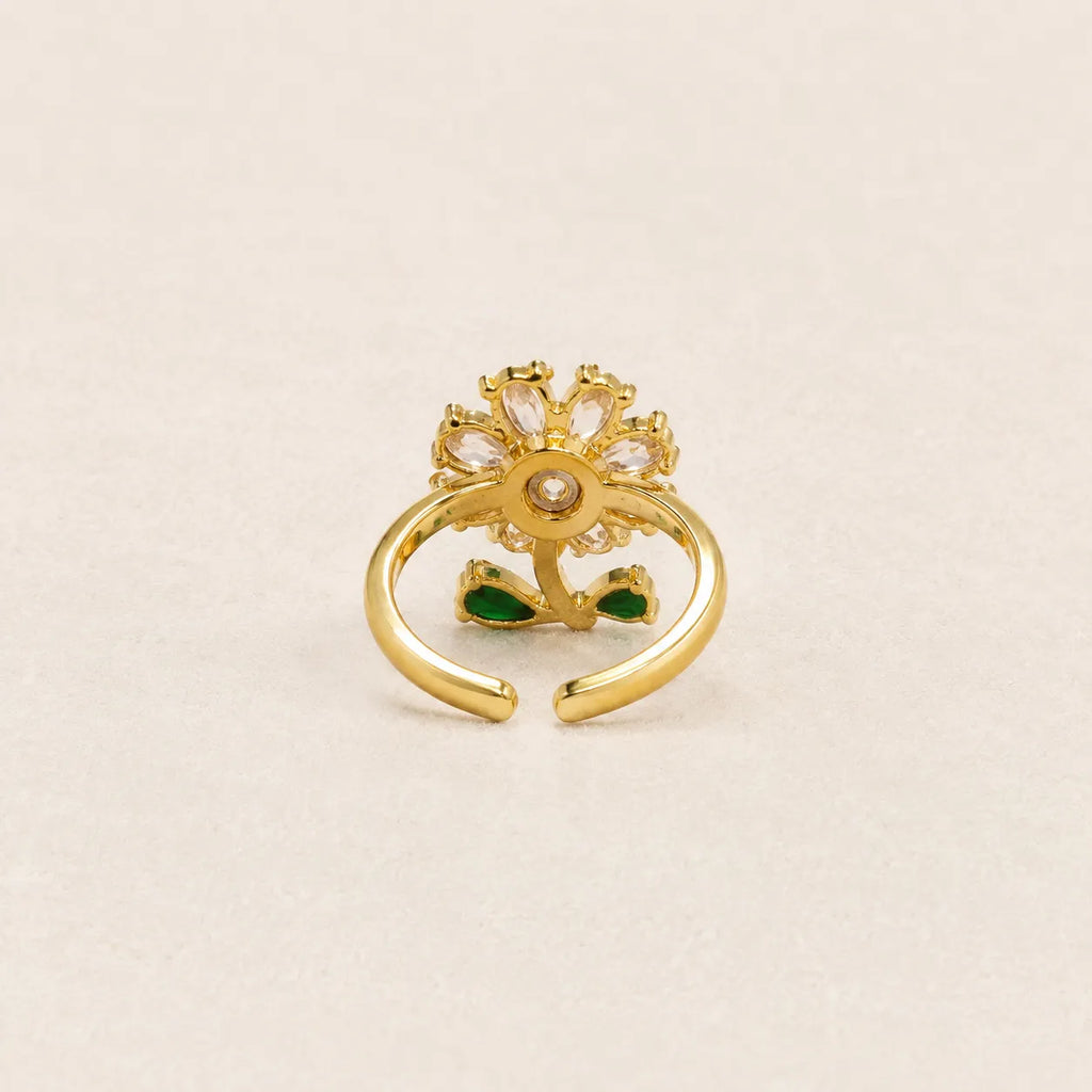  "Back view of gold CZ daisy ring showing adjustable open band"