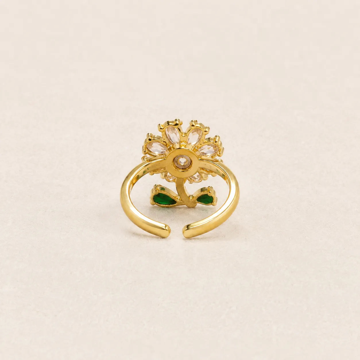  "Back view of gold CZ daisy ring showing adjustable open band"