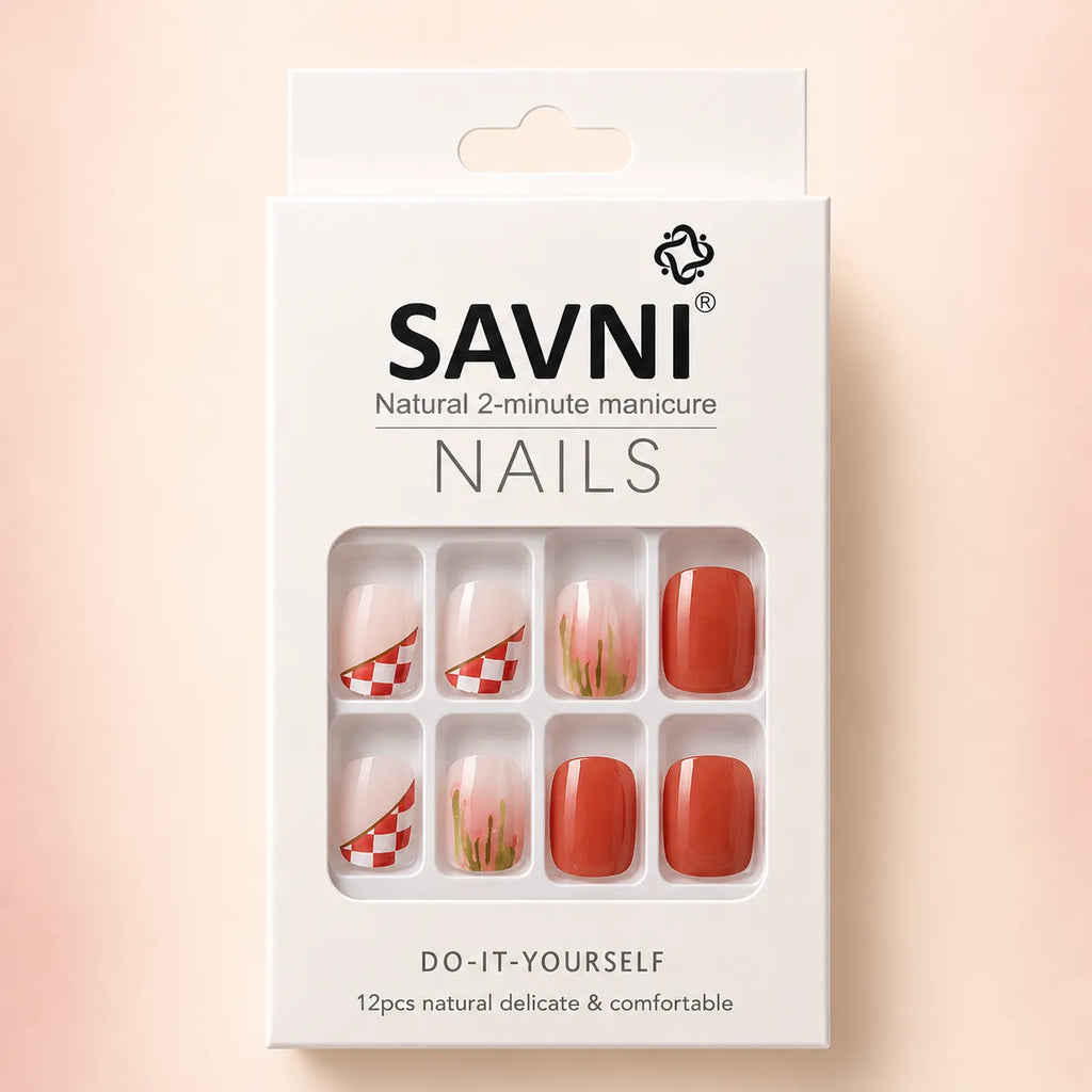 "SAVNI press-on nails packaging box with terracotta and checkerboard 12-piece DIY nail set"