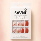 "SAVNI press-on nails packaging box with terracotta and checkerboard 12-piece DIY nail set"