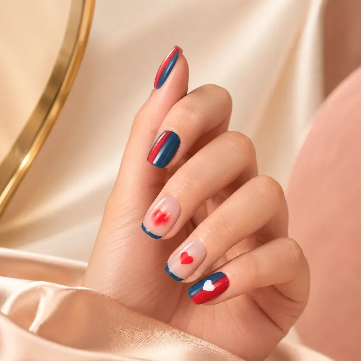 Woman's hand wearing SAVNI red blue color block press-on nails with aura heart and white heart accent designs on satin background
