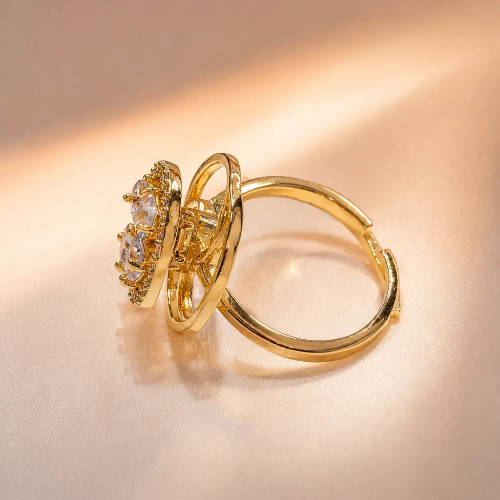 CZ Four-Leaf Clover Ring |Gold Colour Plated Scalloped Halo Ring with Crystal Clover | Adjustable Lucky Charm Ring