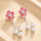 Pale Red Flower Pearl Drop Earrings | CZ Center Floral Studs with Triple Pearl Tassel | Elegant Bridal & Party Jewelry