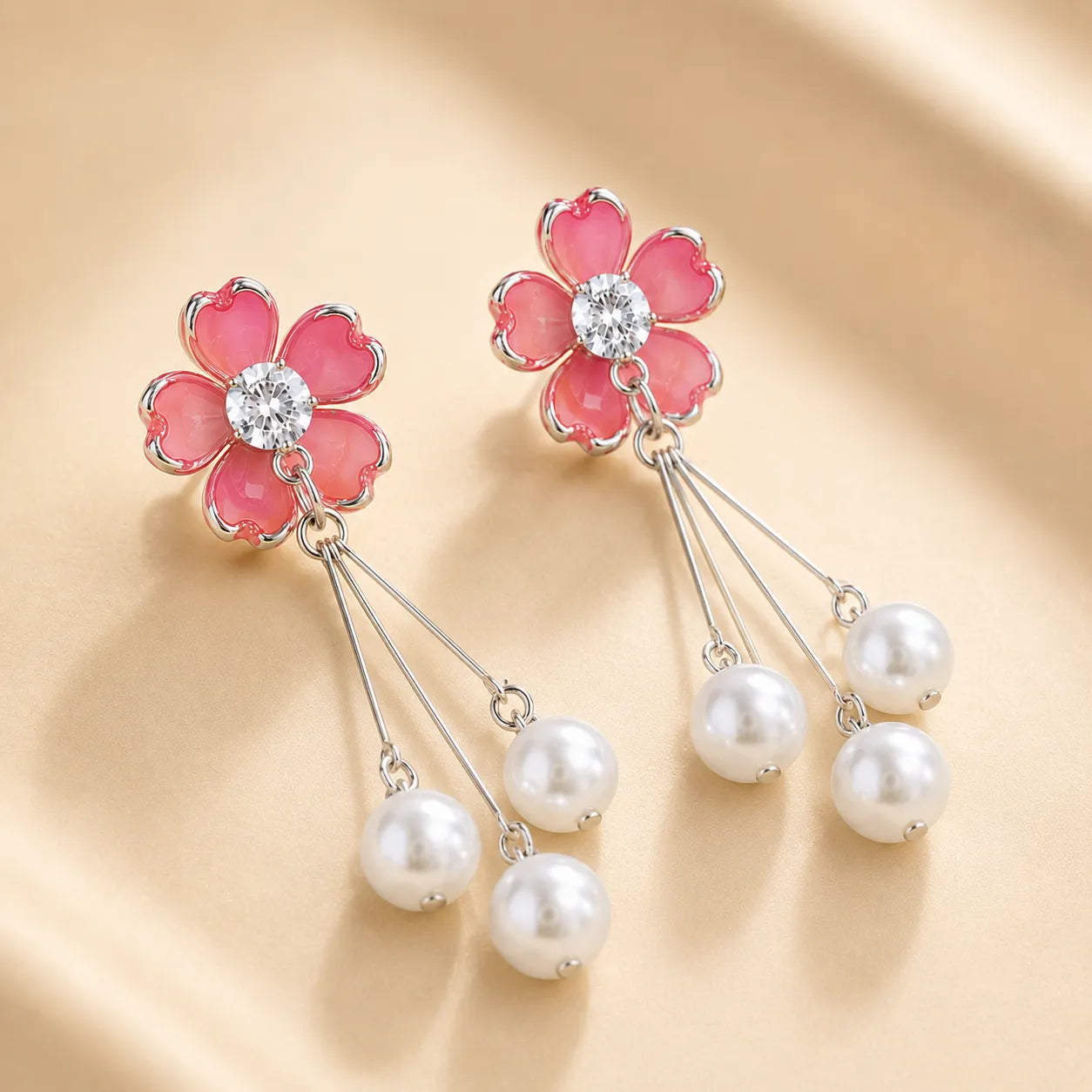 Pale Red Flower Pearl Drop Earrings | CZ Center Floral Studs with Triple Pearl Tassel | Elegant Bridal & Party Jewelry