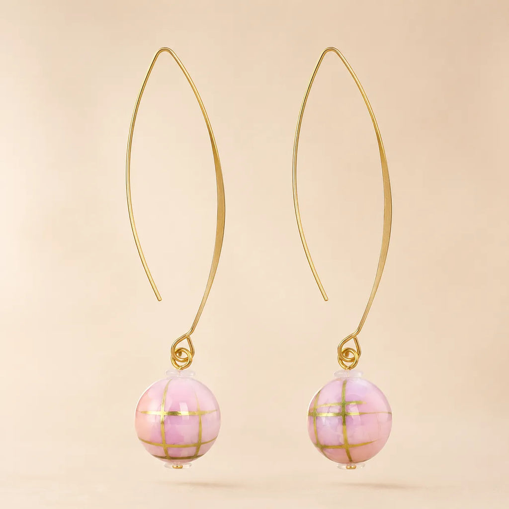 "Gold wire hook earrings with pink and lavender mosaic bead drop"