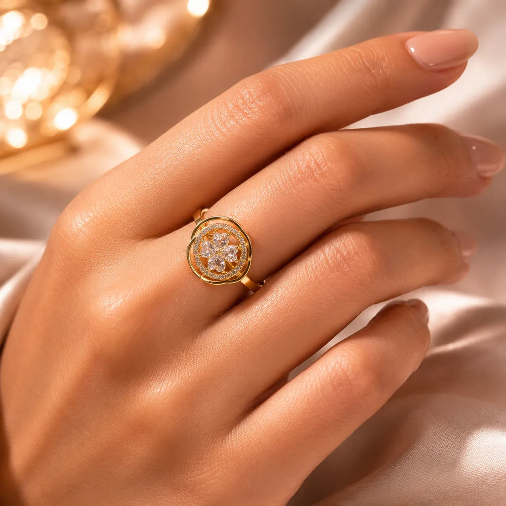 CZ Four-Leaf Clover Ring |Gold Colour Plated Scalloped Halo Ring with Crystal Clover | Adjustable Lucky Charm Ring