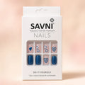 SAVNI Nails packaging box showing blue heart press-on nail design, natural 2-minute DIY manicure, 12-piece set