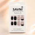 "SAVNI press-on nails packaging box with 12-piece DIY nail set"