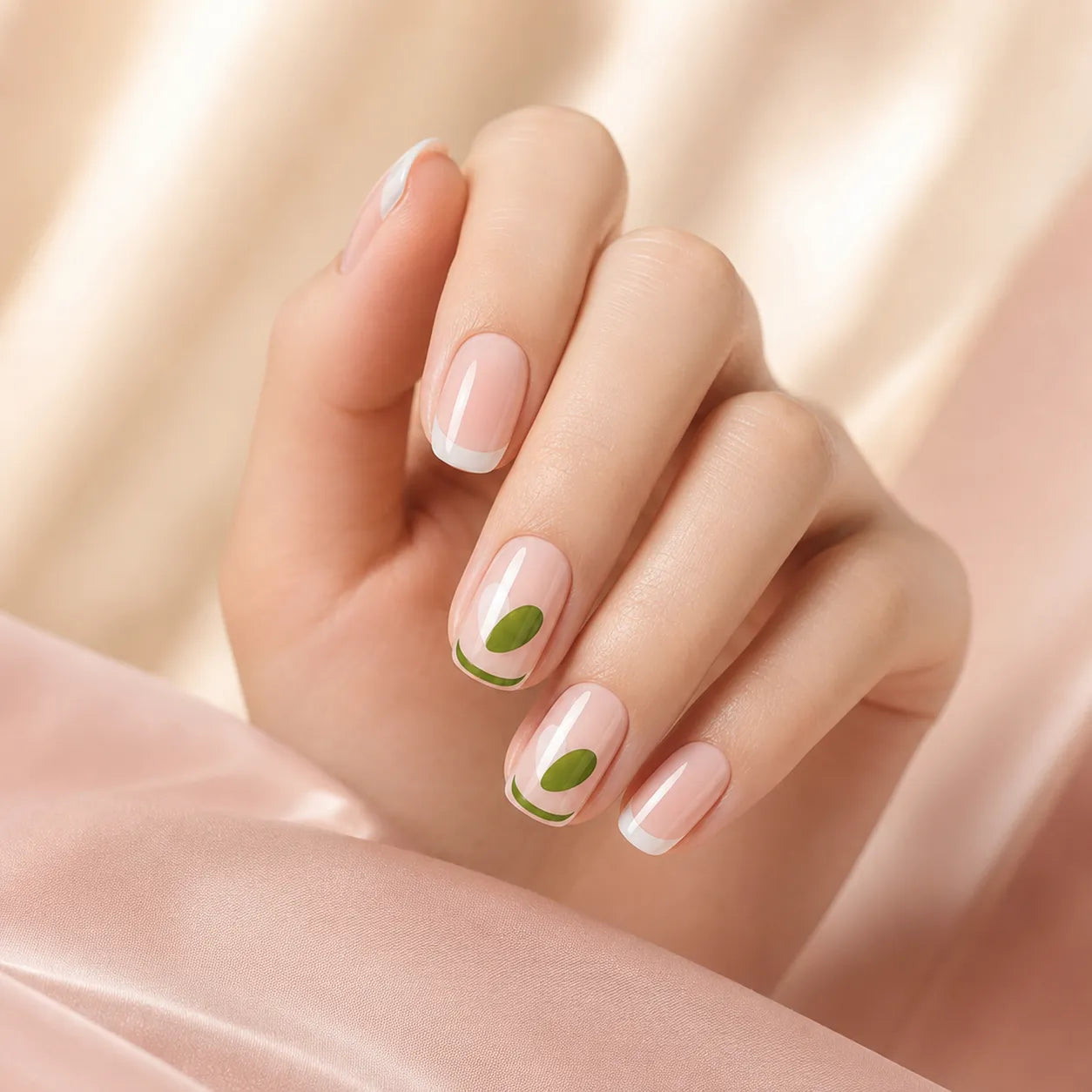 "Woman wearing nude press-on nails with olive green heart design"