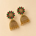 Antique Gold Ruby Emerald Floral Jhumka Earrings with Pearl Drops | Navratna Sunflower Stud Crystal Dome Jhumki