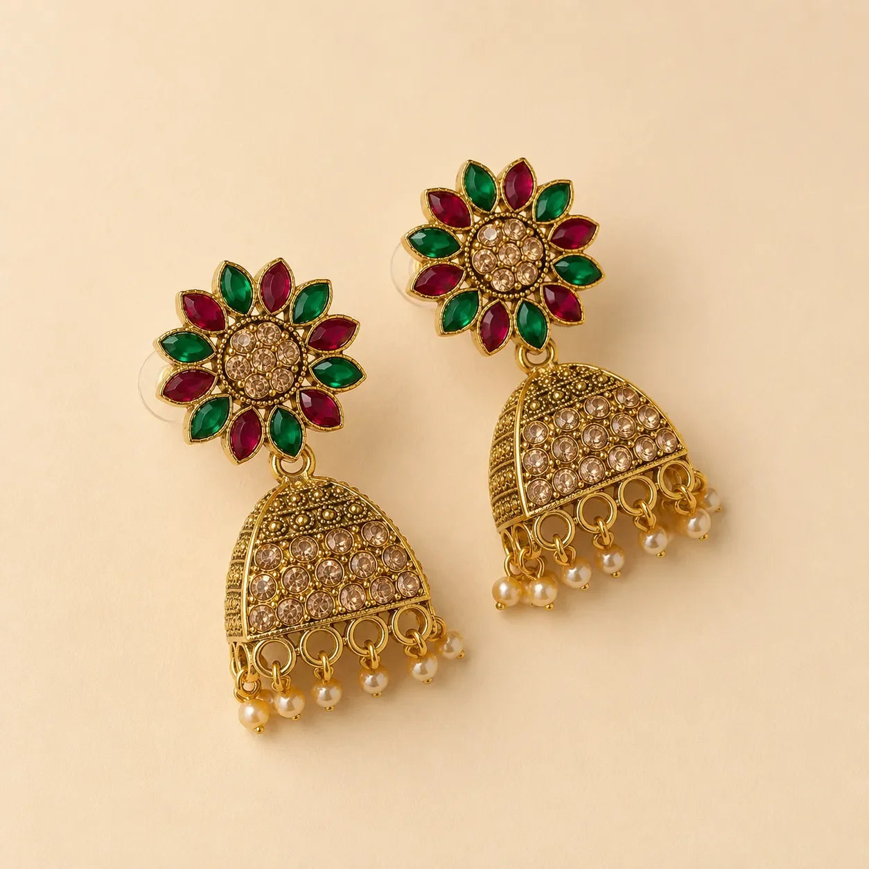 Antique Gold Ruby Emerald Floral Jhumka Earrings with Pearl Drops | Navratna Sunflower Stud Crystal Dome Jhumki