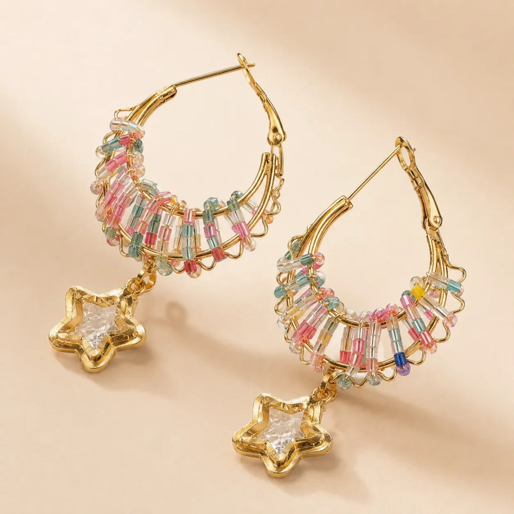 Gold-Plated Multicolor Beaded Hoop Earrings with Star Crystal Drop | Boho Statement Earrings for Women