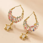 Gold-Plated Multicolor Beaded Hoop Earrings with Star Crystal Drop | Boho Statement Earrings for Women