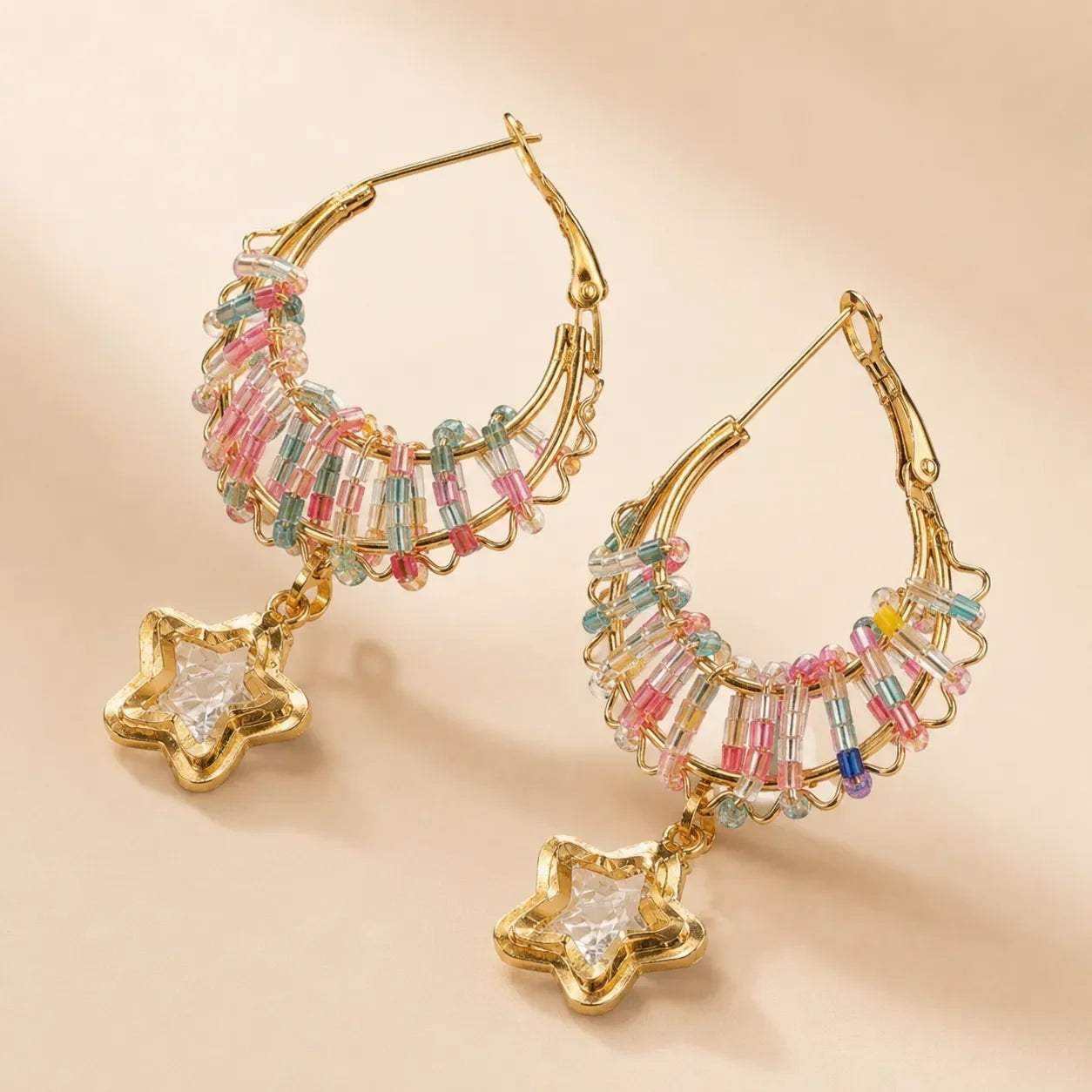 Gold-Plated Multicolor Beaded Hoop Earrings with Star Crystal Drop | Boho Statement Earrings for Women